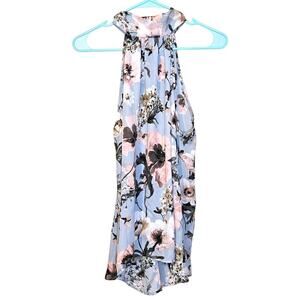 West Kel Floral Blue Pink Flowers Blouse Top High Neck Sleeveless Size XL Poly